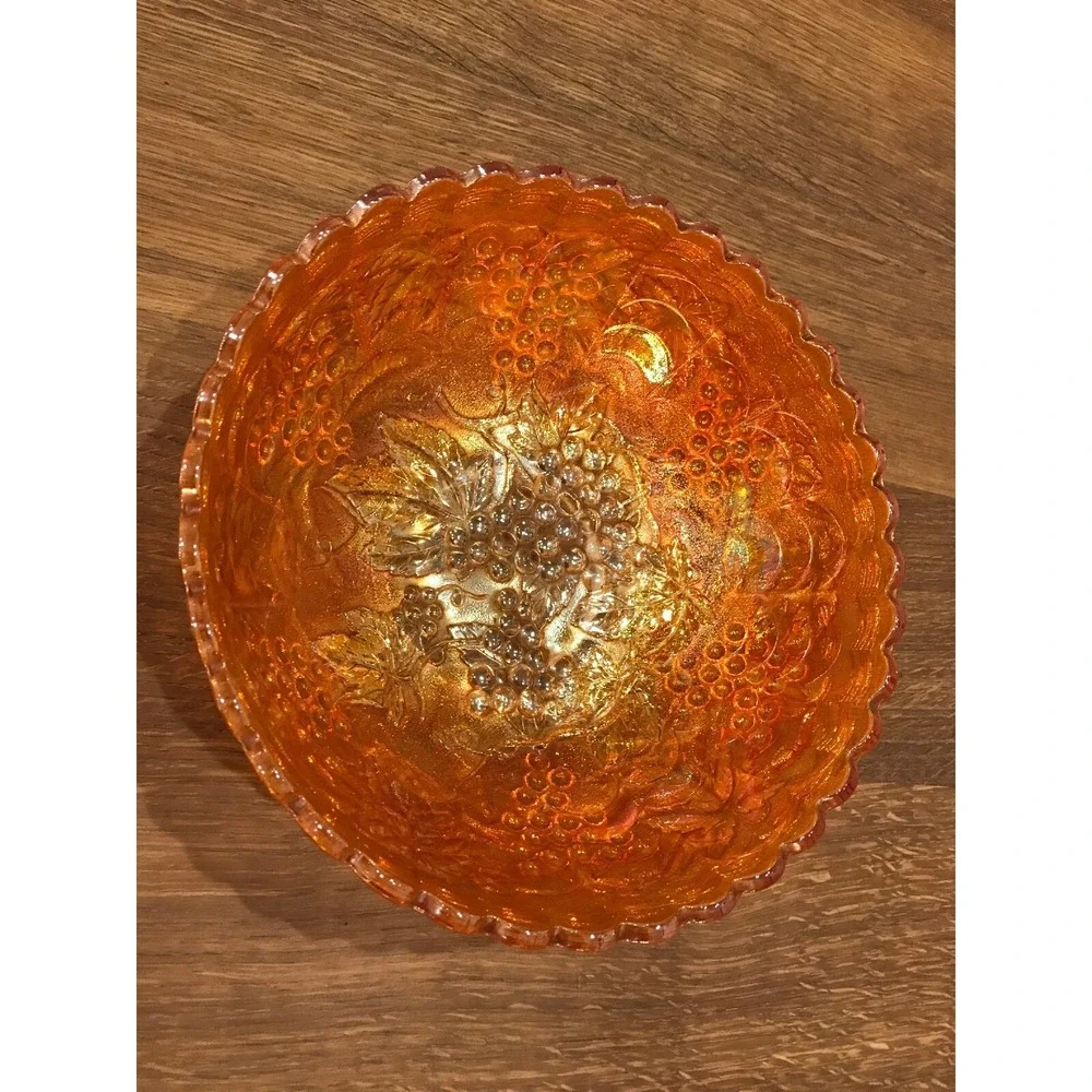 Imperial Glass Antique Orange Carnival Glass Serving Bowl Grapes Scalloped 9
